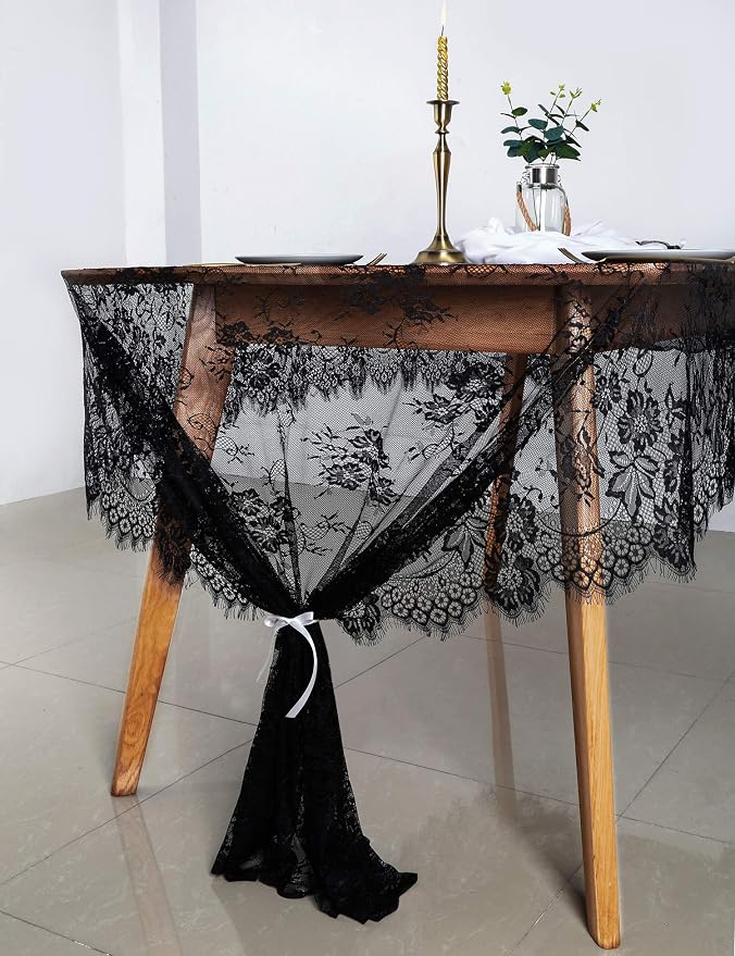 Vintage Black Lace Tablecloth 6pcs Table Fabric 60x120 Inch for Scary - Image 8
