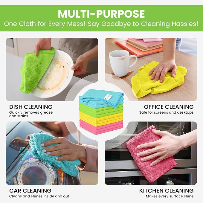 34 Pack Microfiber Cleaning Cloth, 4 Assorted Colors Cleaning Rags for Housekeeping, Colorful Reusable Microfiber Towels for Car, Kitchen, Bathroom and Household Cleaning Supplies, 11.8"X11.8" - Image 4