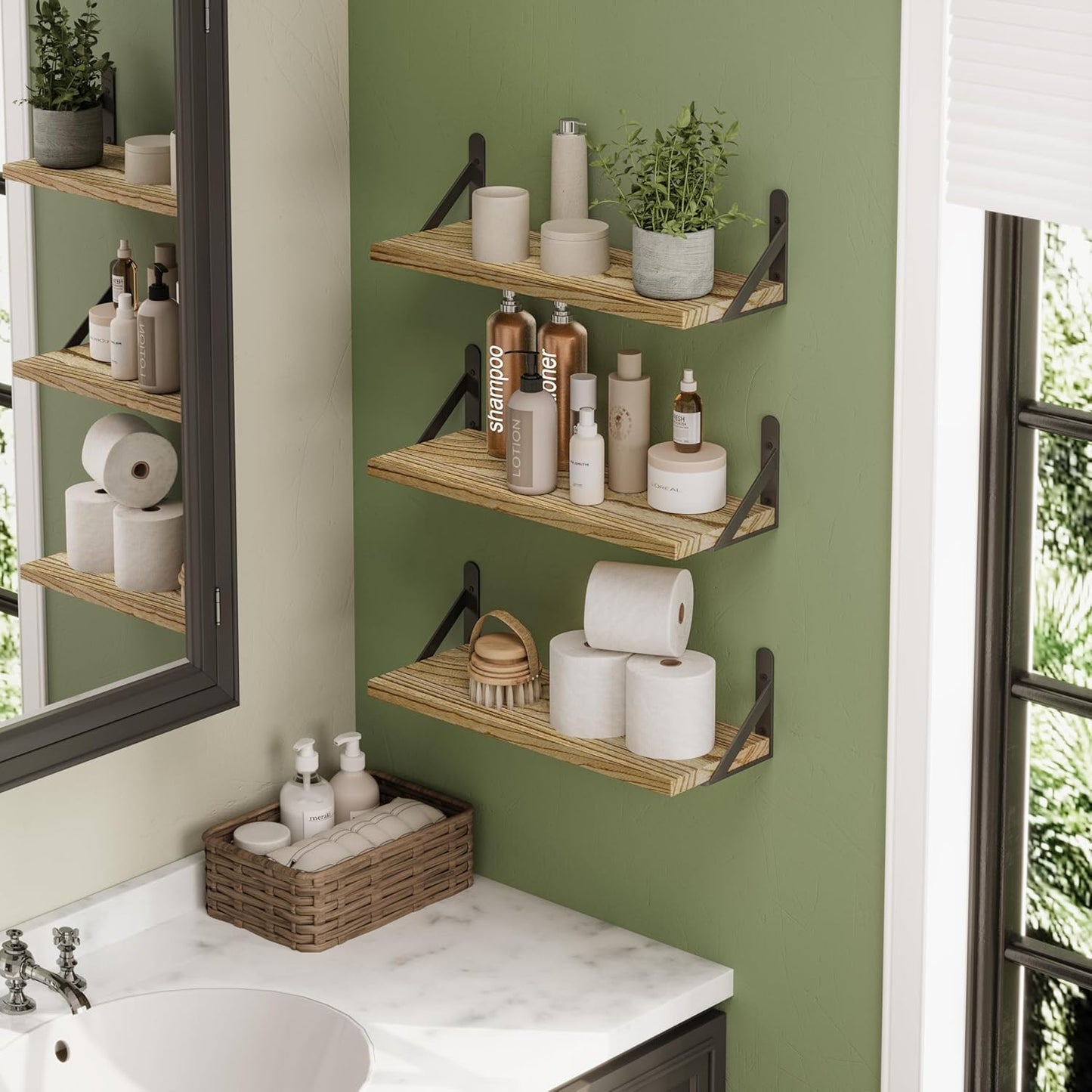 YGEOMER 16.5 Inch Floating Shelves for Wall, Farmhouse Wall Shelves for Bedroom, Bathroom Storage, Living Room and Kitchen Decor (Set of 6 Light Brown Color)