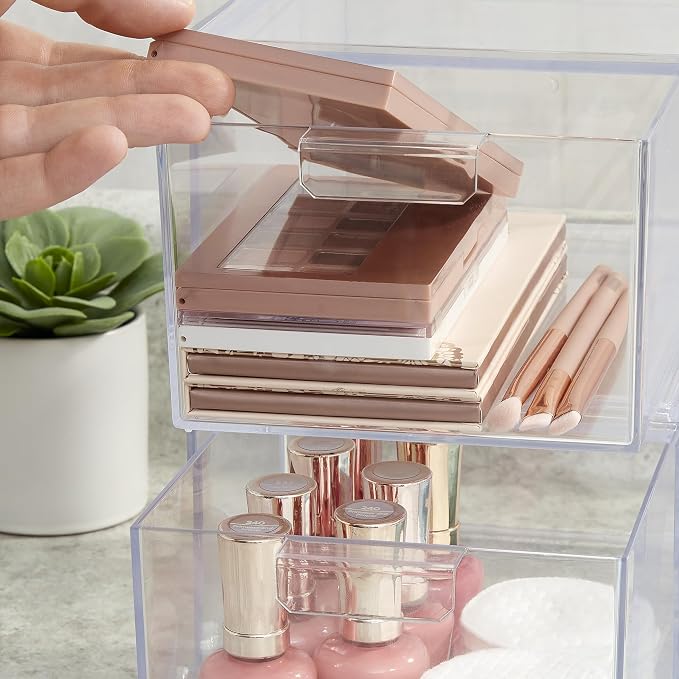 STORi Audrey Stackable Clear Bin Plastic Organizer Drawers | 2 Piece Set | Organize Cosmetics and Beauty Supplies on a Vanity | Made in USA - Image 8