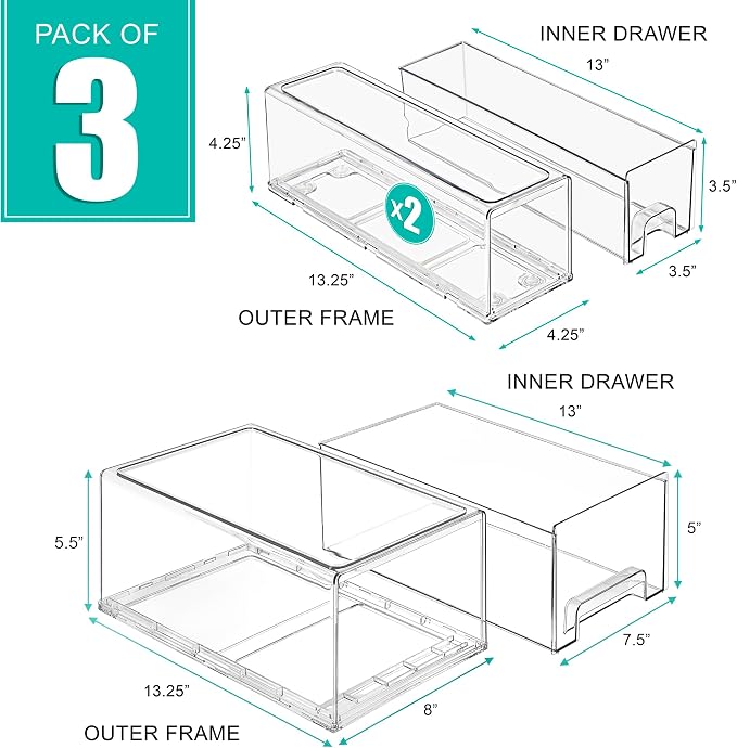Sorbus Clear Stackable Storage Drawers with Handles (1 Large + 2 Small) - Image 3