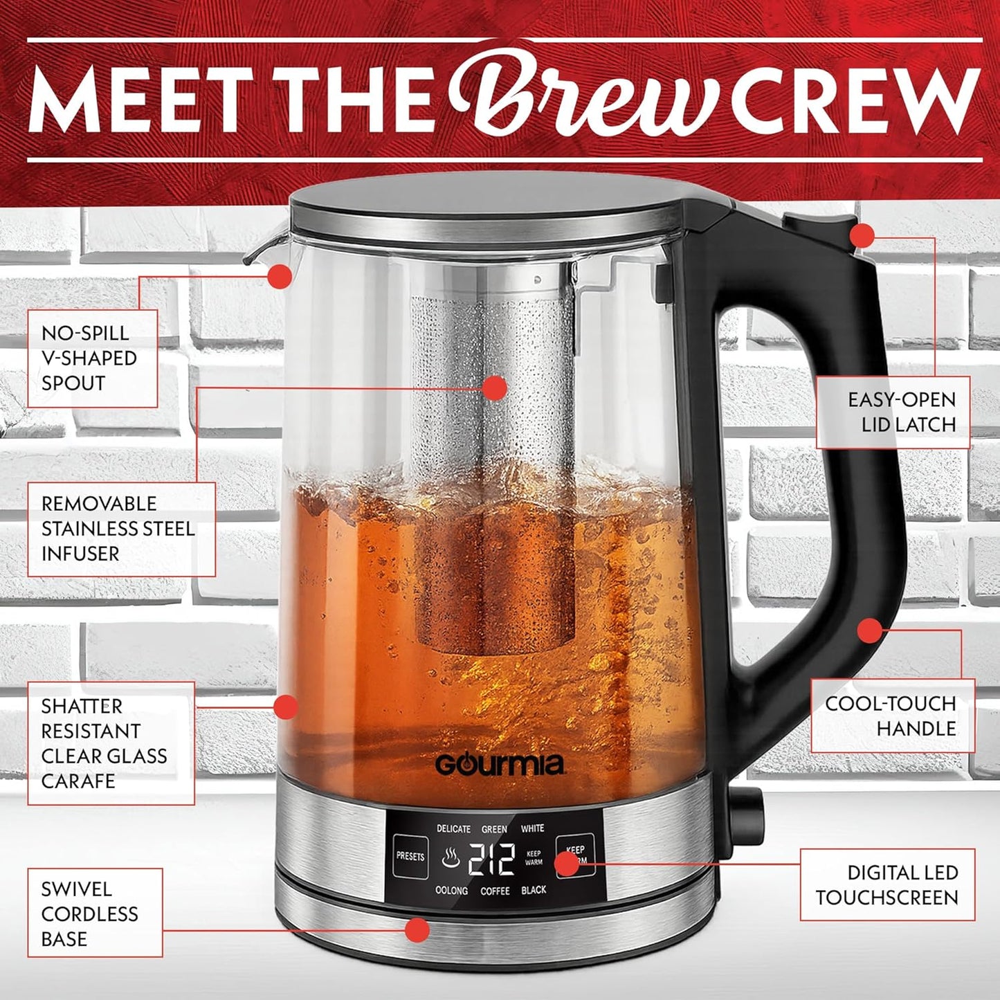 Gourmia Programmable Digital Glass Kettle – 1.7L Adjustable Temperature Electric Kettle with 6 Presets, Keep Warm, Stainless Steel Tea Infuser, 360° Swivel Base - Black