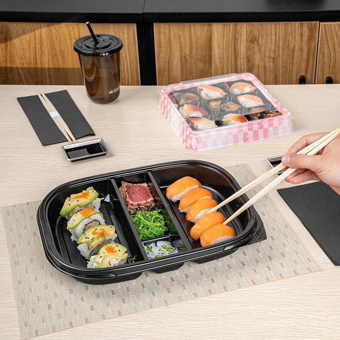 Restaurantware-Bento Tek 50.7 Ounce Meal Prep Containers, 50 Disposable To Go Food Boxes - Lids Sold Separately, 5 Compartments, Black Plastic Bento Lunch Boxes, Freezable, For Take Out - Image 5