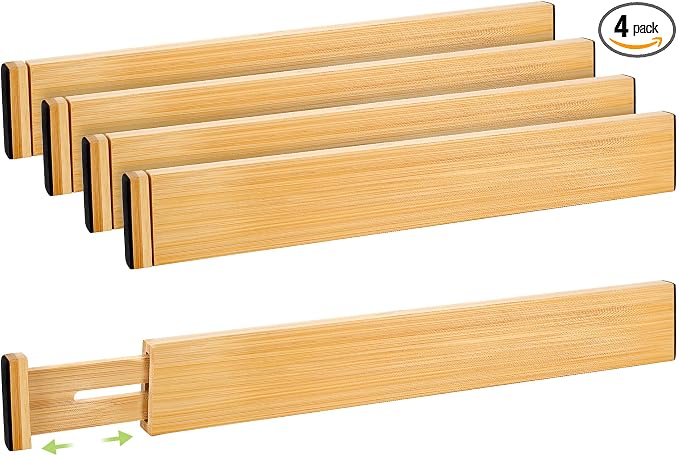 Fyvva Drawer Organizer, Spring-Loaded Expandable Bamboo Dividers 4-Pack | Large Kitchen Drawer Organizer, Adjustable 16.9 to 22.2 in, 2.3in High Non Slip for Kitchen Clothes Bathroom Office Natural by Fyvva
