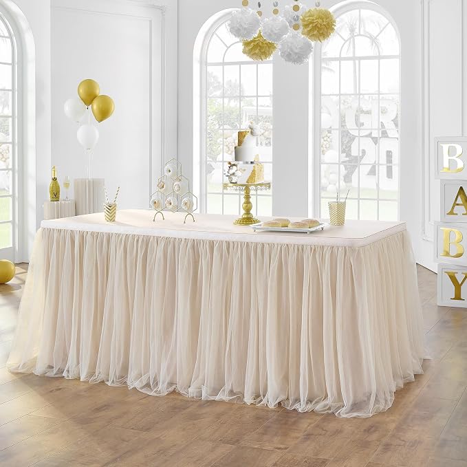 132in Champagne Gold Tulle Table Skirts for Rectangle Tables 8ft 6ft 4ft, 2-Layer Beige Ruffle Tulle Tutu Cloth Table Skirt 11ft for Wedding Party Birthday Baby Shower Cake Dessert(No Table Cover) - Image 7