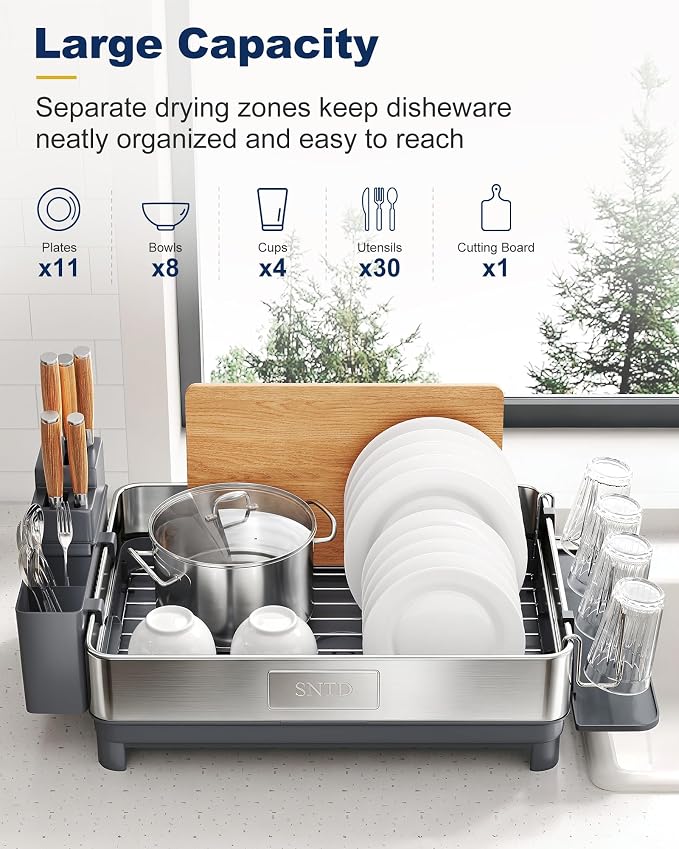 SNTD 304 Stainless Steel Dish Drying Rack for Small Kitchen Counter, Grey - Image 3