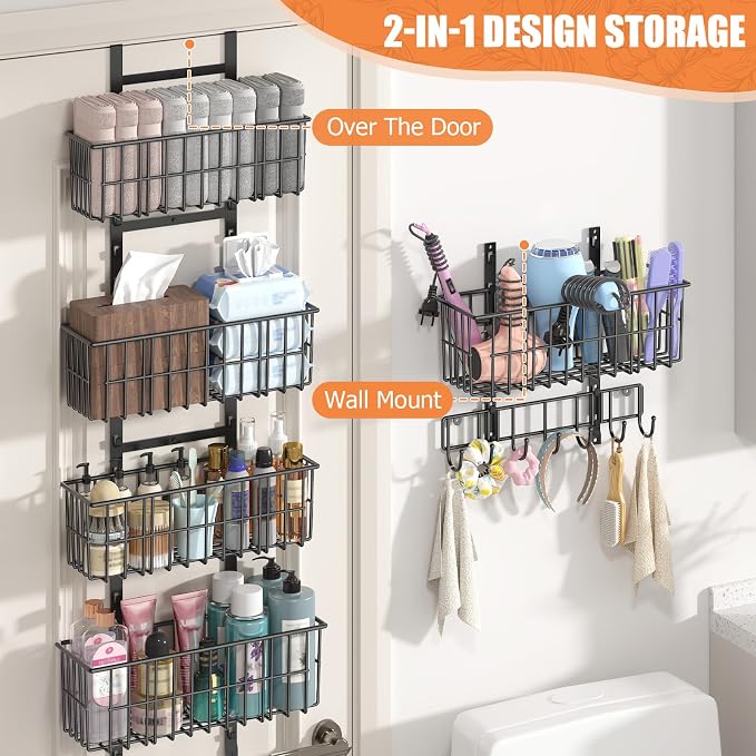 Hongtamoya Adjustable Over the Door Organizer, Metal Hanging Door Organizer with 5 Wire Basket 7 Hooks, Wall Mounted Shelf for Pantry Laundry Organization and Storage, Black - Image 7