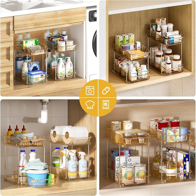 Delamu 2-Tier Under Sink Organizers and Storage, Multi-Purpose Stackable Bathroom Cabinet organizers, Pull Out Kitchen Pantry Organization and Storage with Dividers(2 Pack, Amber) - Image 4