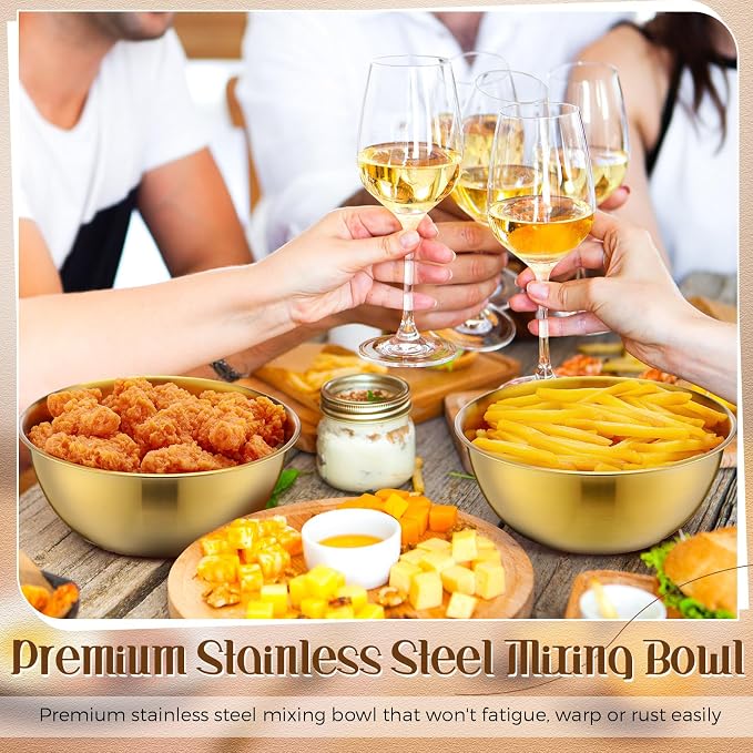 Nuogo 12 Pack 8.27 Inches Gold Stainless Steel Mixing Bowls with Airtight Lids Stackable Metal Serving Esthetician Facial Bowls for Salad, Fruit, Soup & Kitchen Prep - Image 4
