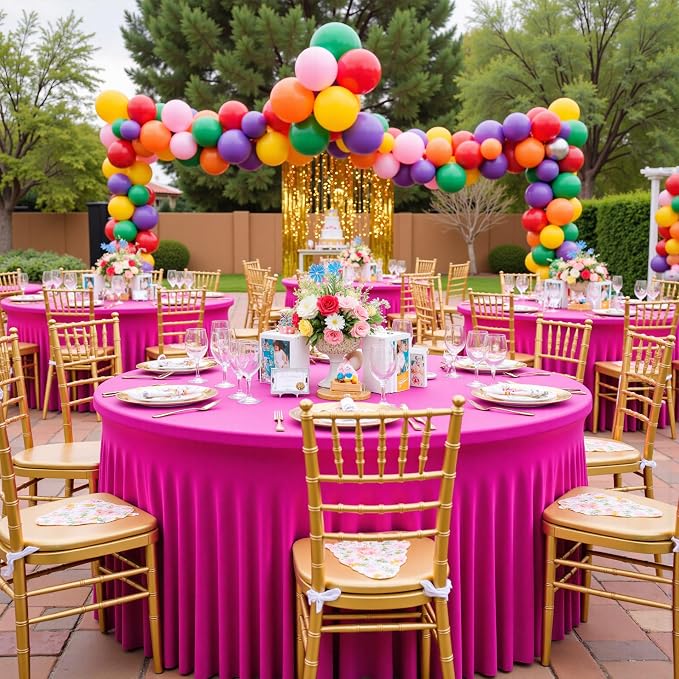 6 Pack Hot Pink Spandex Round Tablecloths for 60 inch Table, Stretchy 120inch Fitted 5FT Fuchsia Round Table Cloths, Wrinkle Free Table Cover with Skirt for Wedding Party Dining Banquet - Image 4