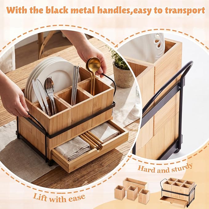 Qunclay Bamboo Wood Silverware Caddy with Drawer, 4 Compartments - Image 3