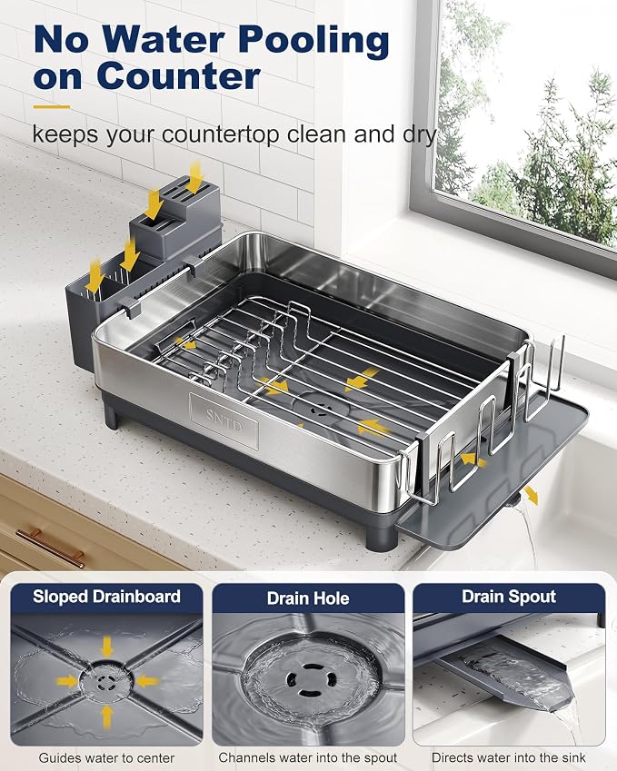 SNTD 304 Stainless Steel Dish Drying Rack for Small Kitchen Counter, Grey - Image 4