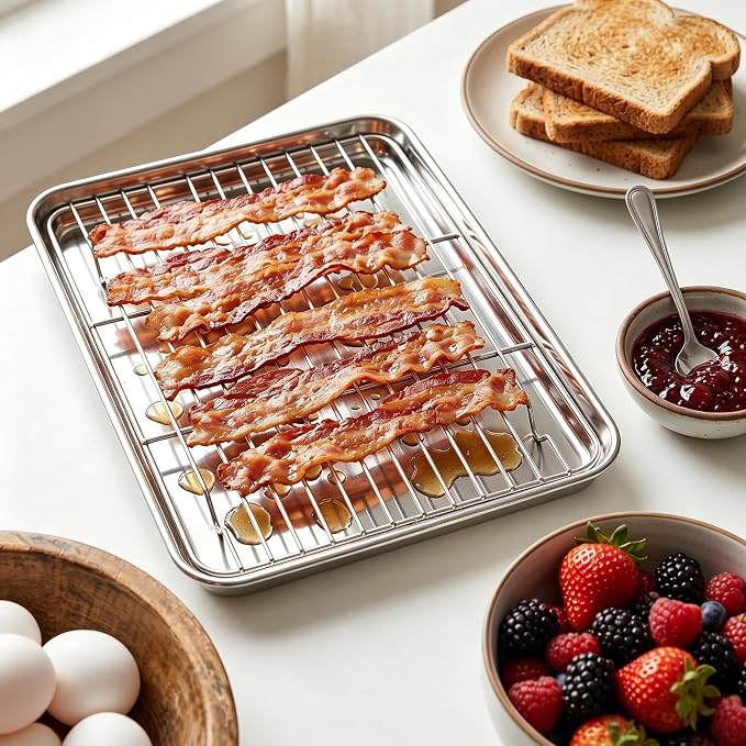 Homikit Quarter Sheet Pan with Wire Cooling Rack (1 Pan+1 Rack), Nonstick | 10x12 Inch Stainless Steel Baking Sheet with Rack, Small Cookie Pans for Toaster Oven, Metal Bacon Tray Dishwasher Safe - Image 6