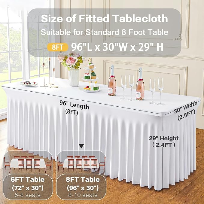 4 Pack Spandex White Tablecloths for 8 Foot Rectangle Tables, Wrinkle Free Fitted Table Cloth 8ft Stretchy Tablecover Desk Skirt for Parties Weddings Birthday Banquet Baby Shower - Image 5