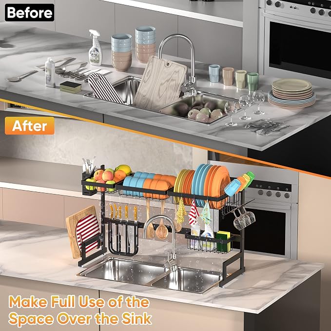 PUSDON Over the Sink Dish Drying Rack, 2 Tier Adjustable Large Capacity Stainless Steel Dish Rack for Kitchen Counter, Heavy Duty Space Saver Organizer with Utensil Holder, Black - Image 2
