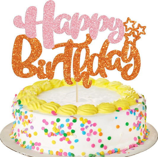 Ephlyn 1Pcs Happy Birthday Cake Topper Glitter Cake Pick for Celebrating Anniversary Party Cake Decorations Supplies Pink Orange