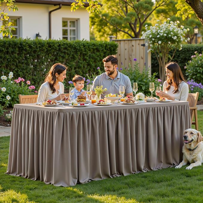 PARTISKY 2 Pack Natural Tablecloths for Rectangle Tables 6ft, Wrinkle Resistant Spandex Table Cover Fitted Stretch Table Cloth with Pleated Ruffle Skirts for Party Banquet Dining Birthday Wedding - Image 5