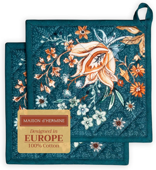 Maison d' Hermine Pot Holders Set 100% Cotton Heat Resistant Potholders 8" x 8" Hot Pads with Loop BBQ, Cooking, Baking, Grilling, Kitchen, Handling Hot Pans (Pack of 2, Luxury Loft-Dark Teal)