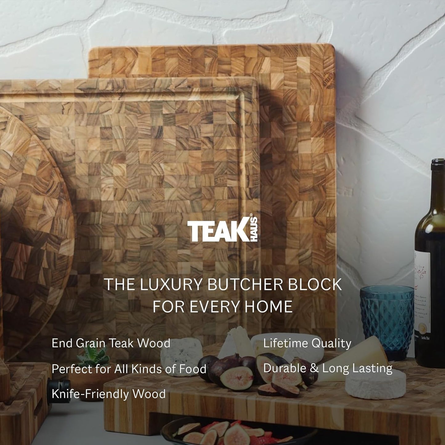 Teakhaus Butcher Block Carving Board - Extra Large Reversible Wooden Cutting Board with Juice Groove and Grip Handles - Teak End Grain Wood - Knife Friendly - FSC Certified