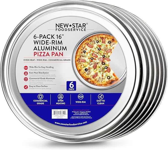 New Star Foodservice Restaurant-Grade Aluminum Pizza Pan/Tray with Wide Rim, 16 Inch, Pack of 6 by NewStarFoodservice