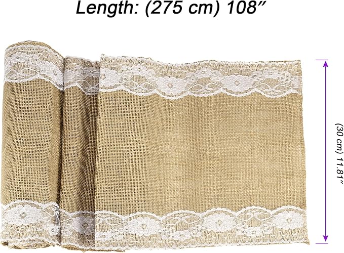 JOIKIT 10 Pack 12 x 108 inch Burlap Lace Table Runner, Rustic Natural Jute Wedding Table Runner Decoration with White Lace for Country Wedding Party Dinner Thanksgiving Christmas - Image 2