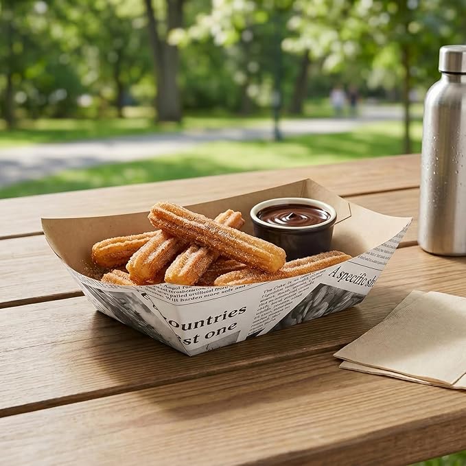 Restaurantware-Bio Tek 1 Pound Food Trays, 200 Disposable Paper Food Trays - Heavy-Duty, Greaseproof, Newsprint Paper Food Boats, For Snacks, Appetizers, Or Treats, Use At Parties Or Carnivals - Image 3