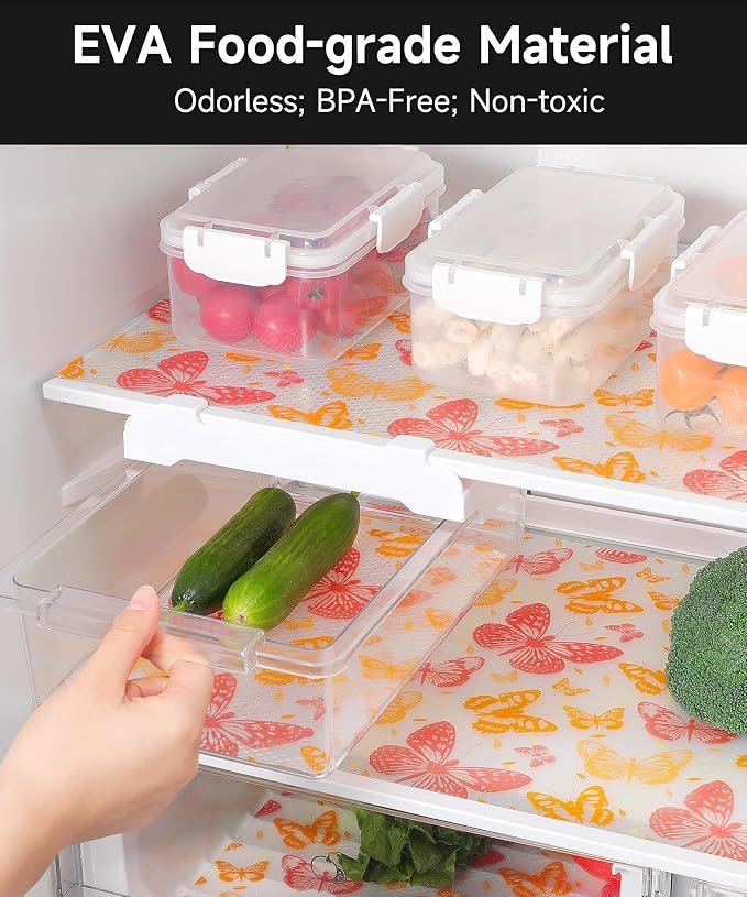 Cooyes Drawer & Shelf Liner for Kitchen Cabinets Non-Adhesive Waterproof Oilproof Reusable Washable Shelf Paper for Refrigerator, Cupboard, Dresser, Easy to Cut (Red Butterfly, 17.5" W x 78.7" L) - Image 8