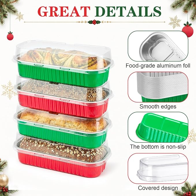 Qunclay 200 Pcs Aluminum Foil Mini Loaf Pans with Lids 6.8 oz Disposable Mini Cake Pan with Lid Rectangle Baking Cups for Party Muffin Cheesecake Ramekins (Red,Green) - Image 3
