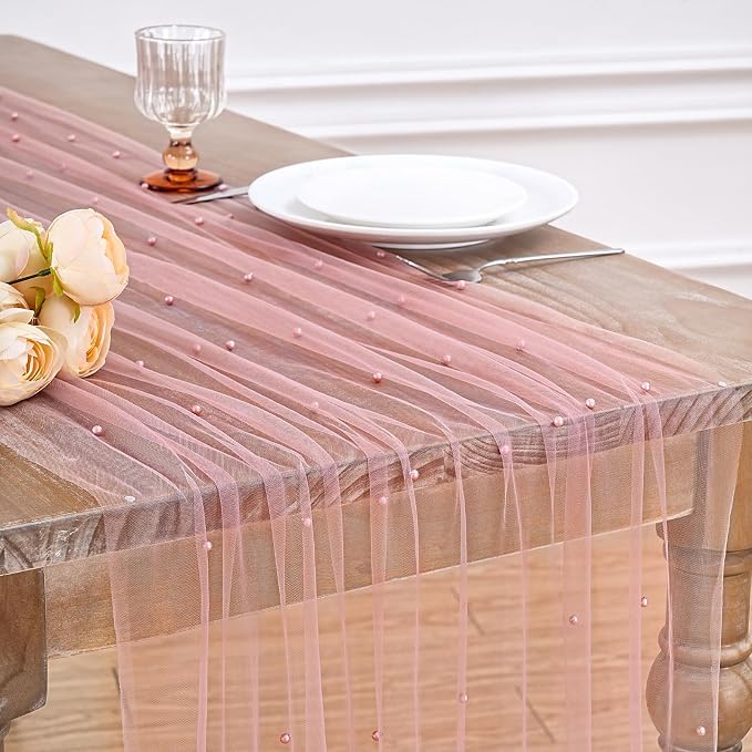 Dusty Pink Pearl Table Runner Tulle 10ft Pearl Tulle Fabric Centerpieces - Image 3