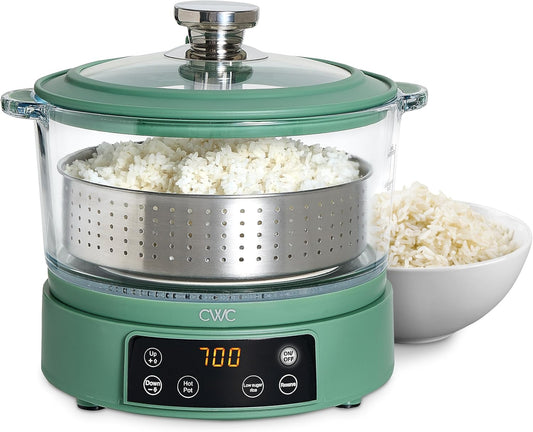 COOK WITH COLOR 3L Glass Low Carb Rice Cooker - Makes 6 Cups Low Sugar Rice with Auto Lift Filter Basket, Hotpot & Steamer for Rice, Grains and Oats, Digital Panel with Keep Warm Function, Dark Sage