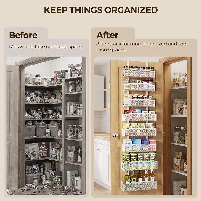 Delamu 8 Tier Over the Door Pantry Organizer, 2in1 Hanging or Wall Mount Spice Rack Seasoning, Adjustable Heavy-Duty Pantry Door Organizer and Storage for Kitchen Cabinet and Bathroom, 15.3" White - Image 4