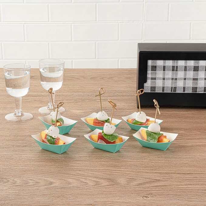 Restaurantware-Bio Tek 2 Ounce Food Boats, 50 Disposable Paper Food Trays - Heavy-Duty, Greaseproof, Turquoise Paper Boats, For Snacks, Appetizers, Or Treats, Use At Parties Or Carnivals - Image 5