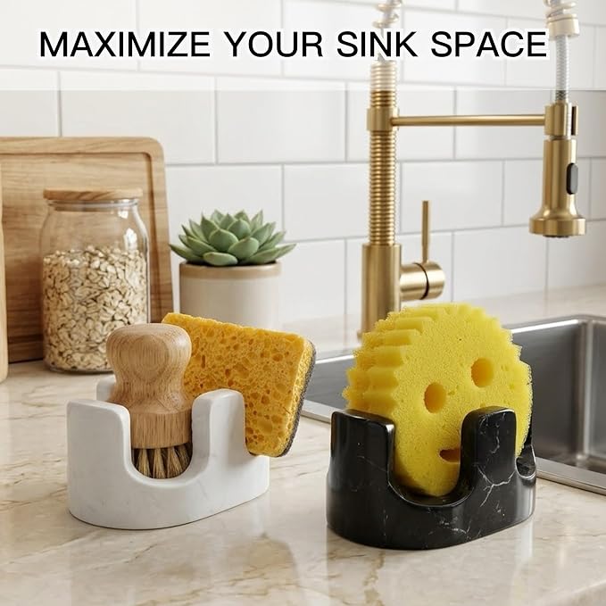 White Marble Sponge Holder for Kitchen Sink, 2-in-1 Sponge & Brush Holder with Raised Edge, 2 Slot Natural Stone Sink Caddy for Countertop, Keeps Countertops Dry, Non-Slip Base, Modern Kitchen Decor - Image 6