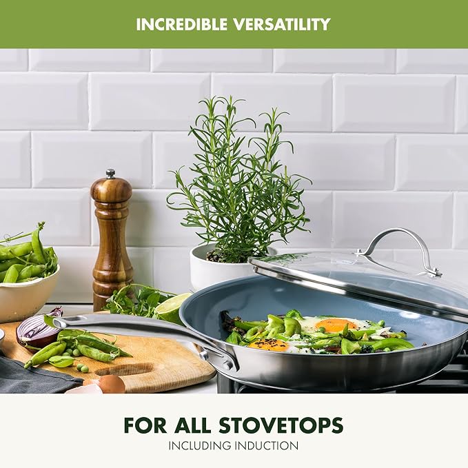 GreenPan Treviso Stainless Steel Healthy Ceramic Nonstick, 12" Frying Pan Skillet with Lid, PFAS-Free,Clad, Induction, Dishwasher Safe, Silver - Image 7