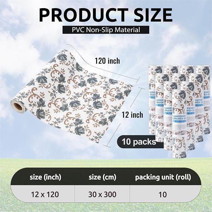 FIFTY FEET 12X120 Inch Shelf Liner for Kitchen Cabinets, PVC Drawer Liner for Dresser Non-Slip Bathroom, Non-Adhesive Cabinet Liner Washable (Black Floral)(10 Roll) - Image 3
