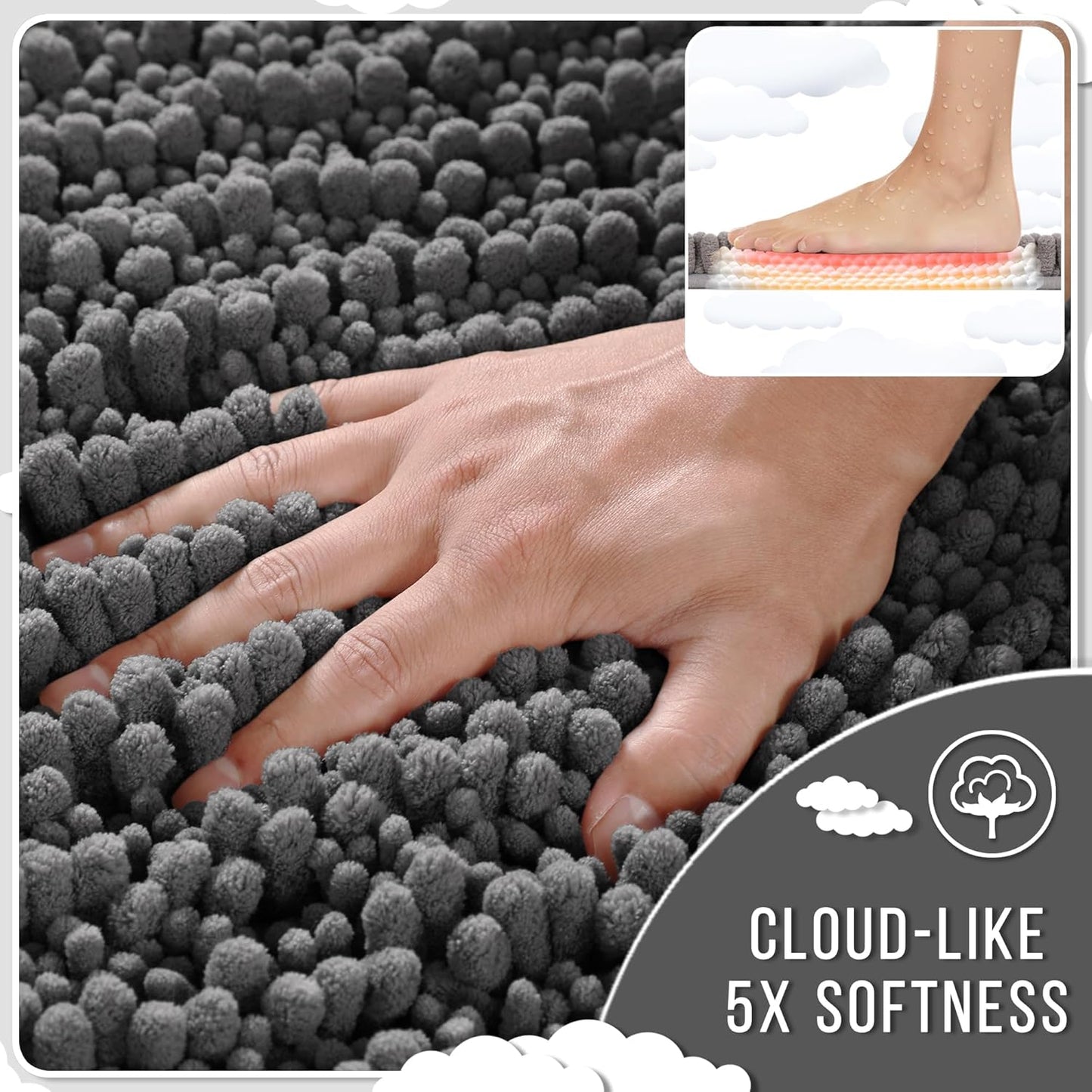 Yimobra Bathroom Rugs Non Slip Washable 24x17 Inch - Ultra Soft Absorbent Chenille Bath Mat, Quick Dry Shaggy Floor Carpet for Tub Shower, Dark Gray Home Decor Accessories