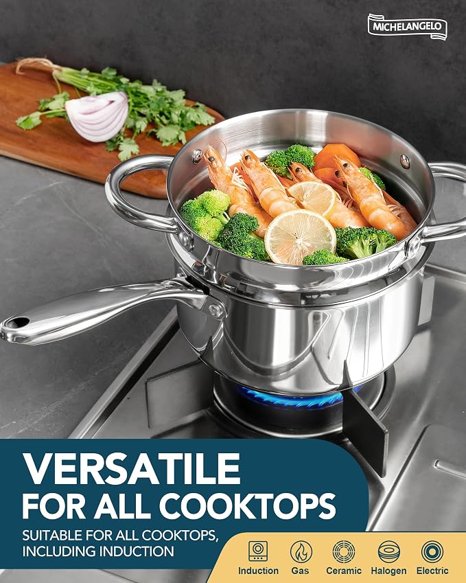 MICHELANGELO 1.5 Quart Saucepan with Steamer, Stainless Steel Saucepan with Lid, Triply Bottom Induction Compatible, Multipurpose Sauce Pot, Dishwasher Safe - Image 5