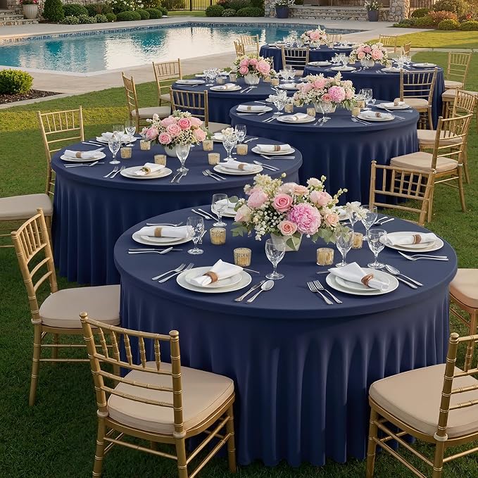 6 Pack Navy Blue Round Spandex Tablecloths for 60 inch Table, Wrinkle Free Stretchy 120inch Fitted 5FT Round Table Cloths Cover with Skirt for Wedding Birthday Party Dining Banquet Events - Image 3