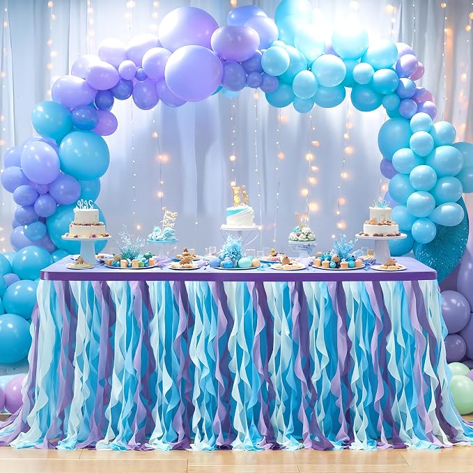 Partisky Mermaid Tulle Tutu Ruffle Curly Willow Table Skirt for Rectangle Table 17ft, Mermaid Themed Party Table Cloth for Girls Birthday Party or Baby Shower - Image 5