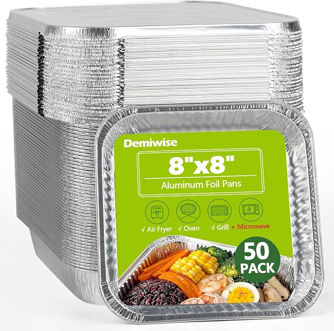 Thickened 50 Pack Heavy Duty Aluminum Pans with Lids, 8x8 Square Disposable Aluminum Baking Pans, Small Foil Pans with lids for Cooking, Meal Prep, Catering, Events, Carton Packaging by Demiwise
