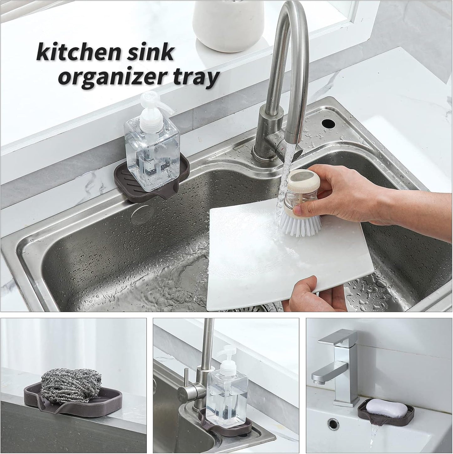 Silicone Bathroom Soap Dishes with Drain Spout-Bathroom and Kitchen Sink Organizer,Sponge Holder,Dish Soap Tray,Perfect for Dispenser,Scrubber,Bottle,Cup on Sink or Counter-Coffee 4.9"×3.2"