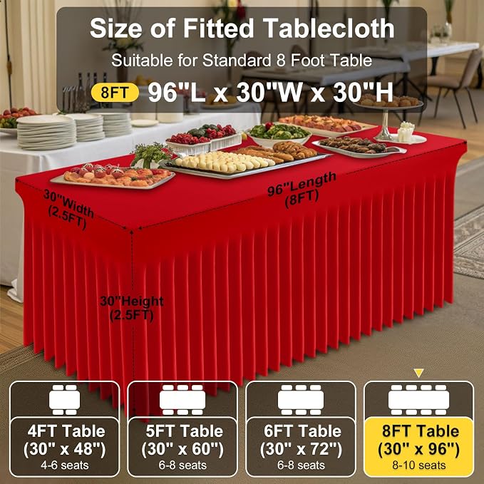 Smiry Spandex Tablecloth 6 Pack, Elastic Fitted Stretch Tablecloth for 8FT Rectangle Tables, Waterproof Washable Table Cover Skirt for Wedding, Banquet & Parties (Red, 96Lx30Wx30H Inch) - Image 4