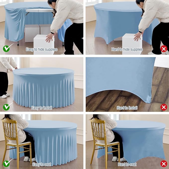 6 Pack Spandex Dusty Blue Round Tablecloths for 60in Tables, Stretchy 120inch Fitted 5FT Round Table Cloths, Wrinkle Free Table Cover with Skirt for Wedding Birthday Party Bridal Shower Banquet - Image 2