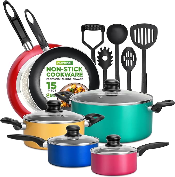NutriChef 15-Piece Non Stick Kitchen Cookware Set PFOA/PFOS-Free, Colorful Heat Resistant Lacquer w/Saucepot, Frying Pans, Oven Pot, Lids, 5 Utensil - NCCWCOR15 by NutriChef%E2%84%A2Kitchen