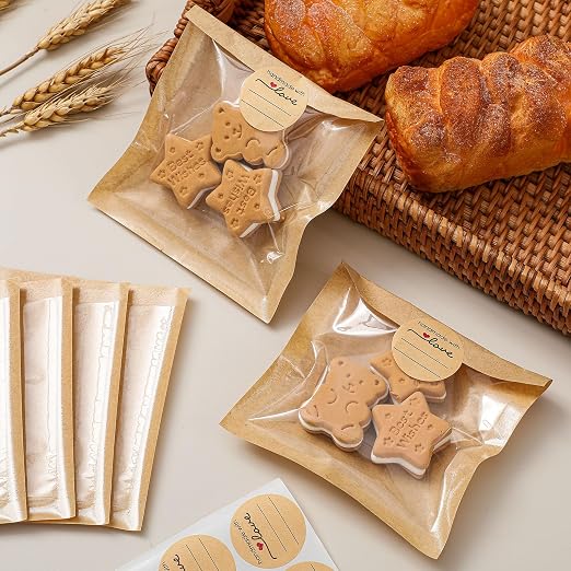 Outus 100 Pcs Cookie Packaging Bags with Seal, 4 x 4 Inch, Brown | Bakery Pastry Bags with Window, Heat Sealable Grease Resistant Paper to Go Bake Sleeves for Gift Giving Donut Bread Sandwich - Image 5