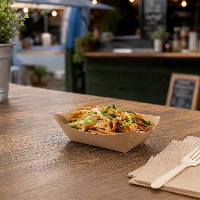 Restaurantware-Bio Tek 6 Ounce Boat Paper Boats, 400 Disposable #40 Food Trays - PE Lining, Durable, Kraft Paper Food Baskets, For Concession Stands, Picnics, or Fairs, Stackable - Image 3