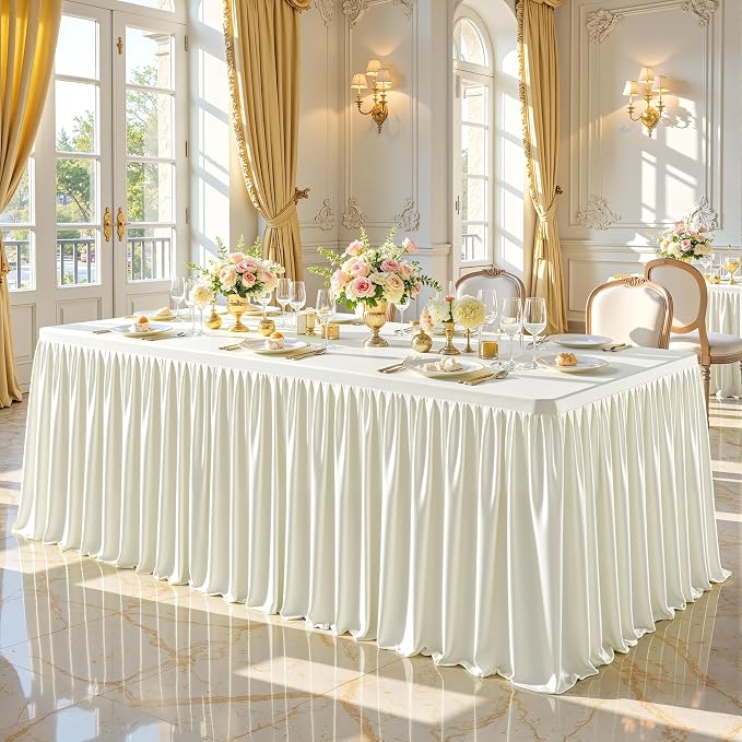 PARTISKY 6 Pack Ivory Tablecloths for Rectangle Tables 8ft, Wrinkle Resistant Spandex Table Cover Fitted Stretch Table Cloth with Pleated Ruffle Skirts for Party Banquet Dining Birthday Wedding - Image 3