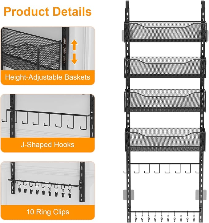 Over the Door Organizer, 2 in 1 Metal Hanging Closet Organizer & Hat Rack with 4 Adjustable Baskets, 8 Hooks, 10 Clips, Behind The Door Storage for Bedroom, Bathroom, Entrance, Closet, Kitchen, Black - Image 4