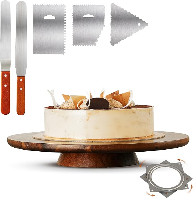 13" Acacia Cake Stand Rotating – Rustic Cake Stand Set Turntable with 2 Icing Spatulas, 3 Smoothers – Wooden Revolving Spinner Cake Decorating Supplies - Use at Parties, Wedding (Acacia Wood) by RABAHA