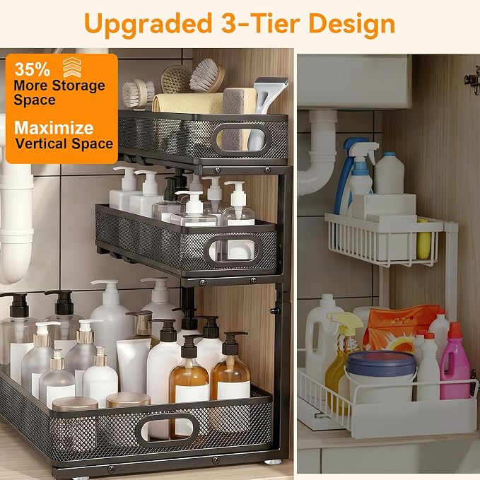 3 Tier Adjustable Under Sink Organizer for Bathroom & Kitchen(1Pack, Black) - Image 3